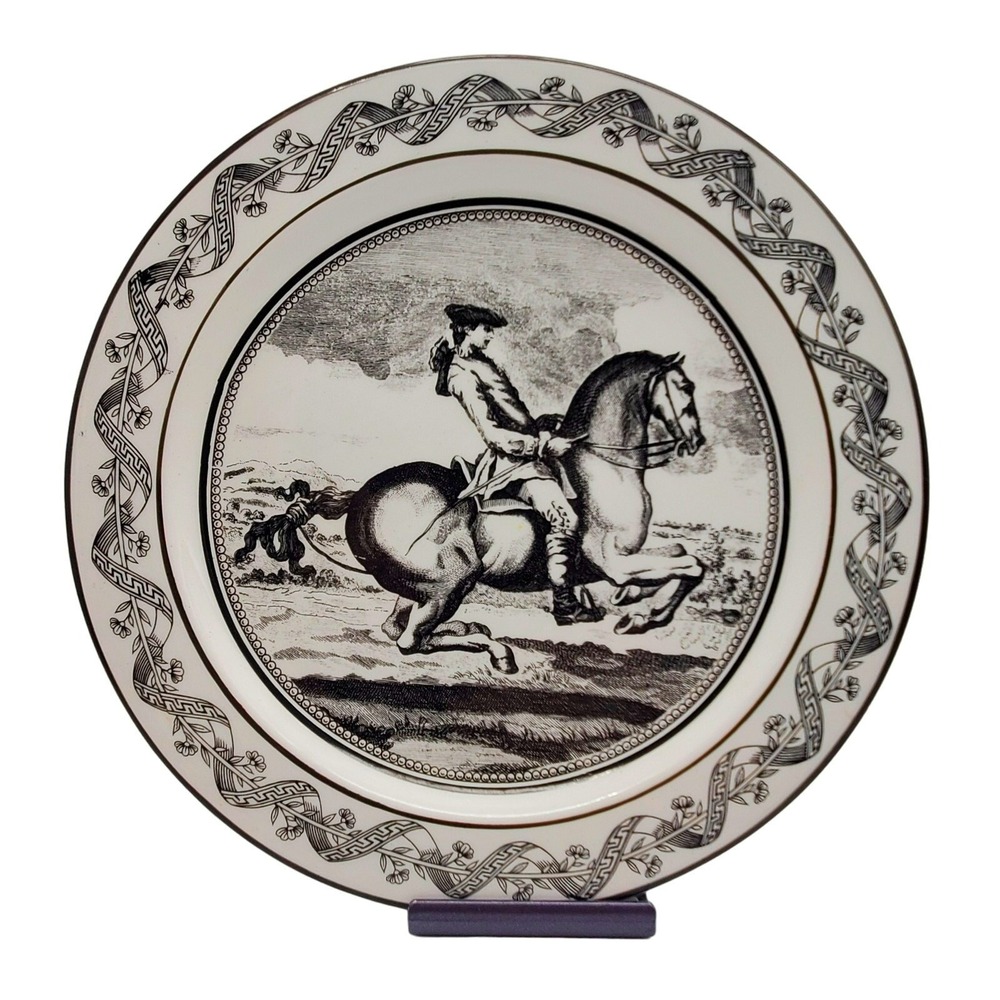 Mottahedeh Horse Plate Black White Equestrian Rider Italian Porcelain Decor Vtg